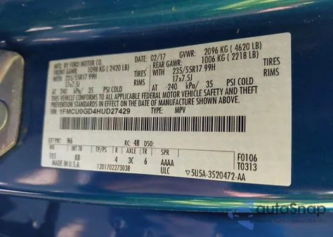 2017 Ford Escape Se z USA, uszkodzony, nr VIN 1FMCU0GD4HUD27429